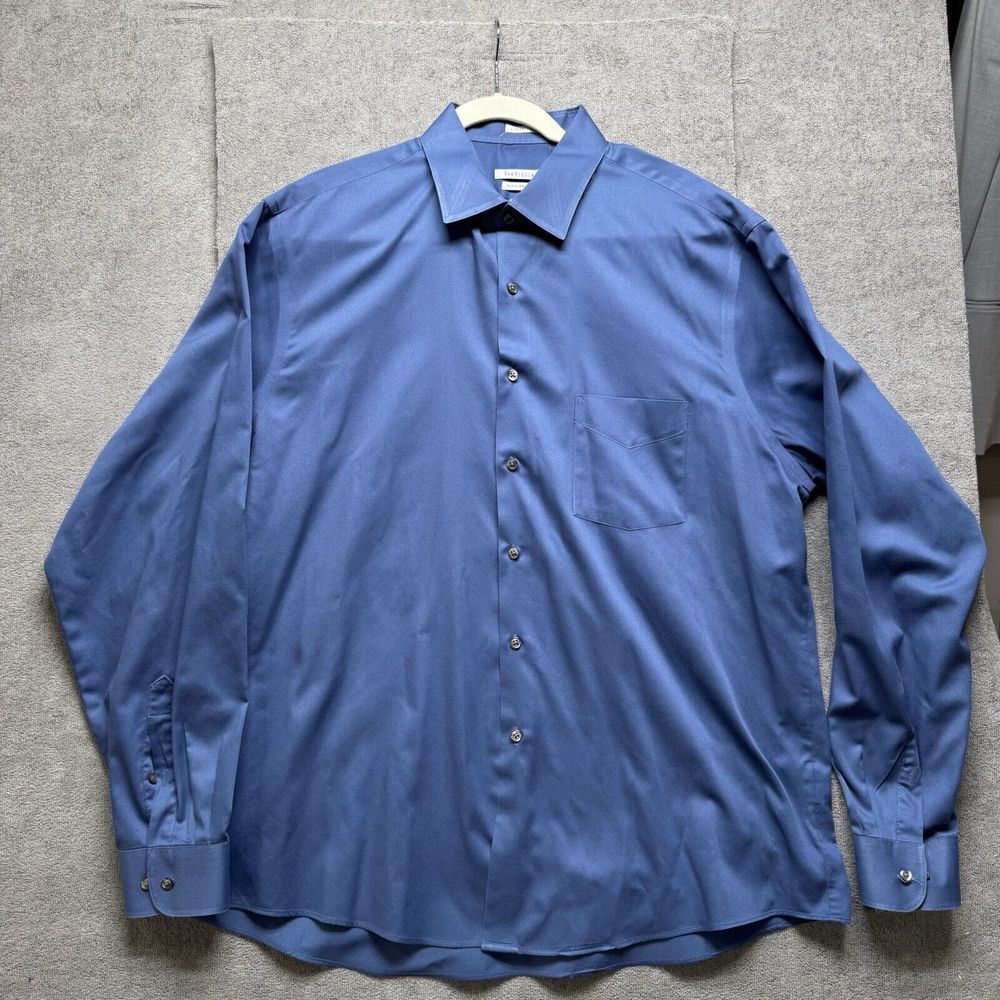 Van Heusen Dress Shirt 17.5 36-37 Blue Lux Sateen Regular Fit Iron Free Travel
